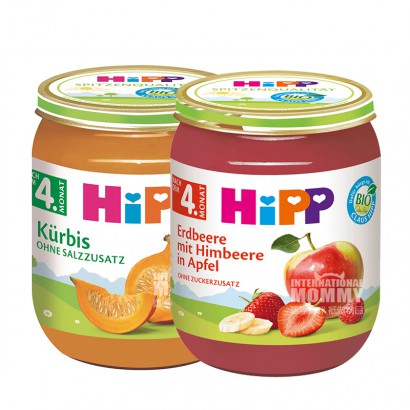 [4 pieces] HiPP Jerman Sensitif Organik Labu Haluskan * 2 + Strawberry Organik Raspberry Apple Pure * 2 Versi Luar Neger