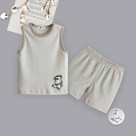 Verantwortung pria dan wanita bayi katun warna organik musim panas bagian tipis setelan klasik bergaris celana pendek ro