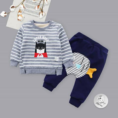 [2 lembar] Verantwortung jantan dan betina bayi SUPER hero stripes ditambah beludru sweater pullover abu-abu + meludah i